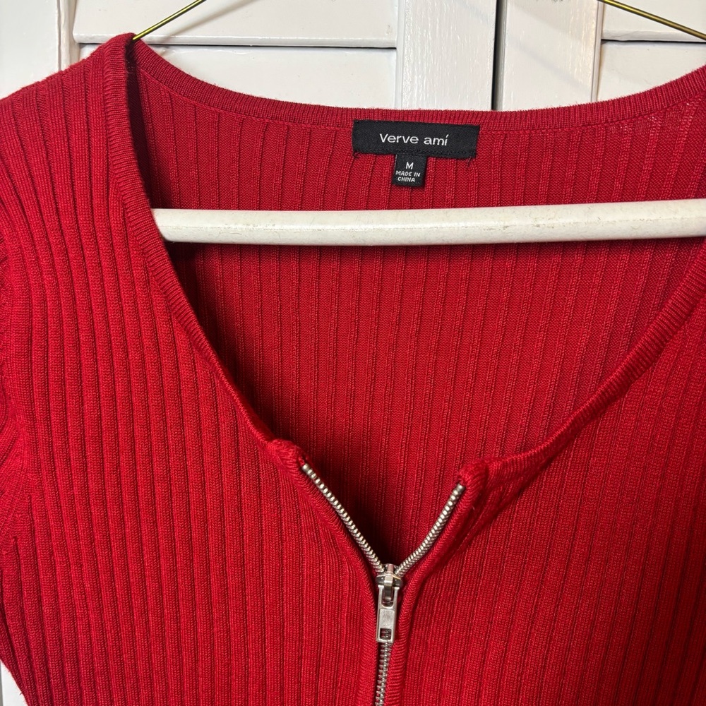 Verve Ami Red Ribbed Quarter Zip-Up Blouse